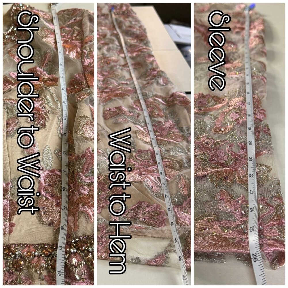 Mac Duggal Floral Embroidered Nude Rose Illusion Long Sleeve Trumpet Size 14 NEW - Picture 6 of 16